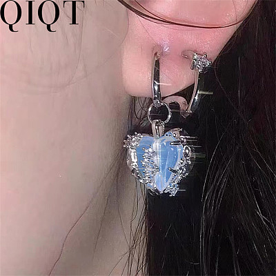 Niche designs split love earrings Simple and stylish Baroque ice blue milk white zircon earrings