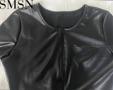 Plus Size Dress European and American women clothing PU leather solid color sexy dress