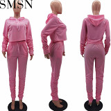 2 piece set women European and American  solid color hoodie pleated pocket hoodie sports suit