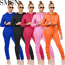 2 piece set women European and American  solid color hoodie pleated pocket hoodie sports suit