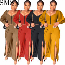 Set women spring and summer fashion casual puff sleeve slit pants two piece suit