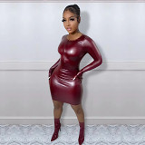 Plus Size Dress European and American women clothing PU leather solid color sexy dress