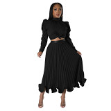 Two Piece Set Women Clothing autumn puff sleeve top ruffled pleated skirt two piece set