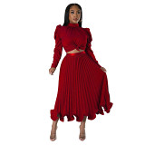 Two Piece Set Women Clothing autumn puff sleeve top ruffled pleated skirt two piece set