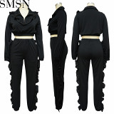 Set women2022 fall European and American zipped stand collar wooden ear blouse and pants
