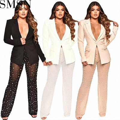 2 piece outfits Amazon European and American women clothing fashion suit mesh beads suit