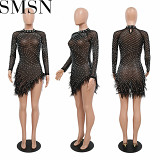 Plus Size Dress Europe and America fashion sexy mesh hot rhinestone foam feather dress