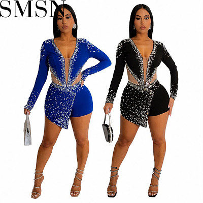 One Piece Jumpsuit sexy see through net stitching direct tribute hot drilling foam beads jumpsuit
