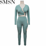 Two piece outfits solid color high elastic sunken stripe sexy V neck two piece suit