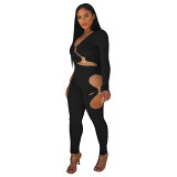 Two piece outfits solid color high elastic sunken stripe sexy V neck two piece suit