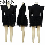Plus Size Dress autumn best selling mesh v neck patchwork right angle shoulder dress