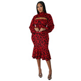 2 piece set women Amazon 2022 autumn Lantern sleeve flounced skirt suit leopard print two piece set