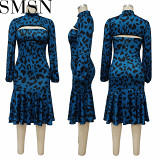 2 piece set women Amazon 2022 autumn Lantern sleeve flounced skirt suit leopard print two piece set