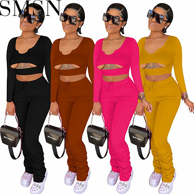 Two piece outfits Amazon new fashion casual solid color midriff outfit two piece set