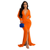 Plus Size Dre Amazon European and American fashion solid color and V neck long sleeve dress