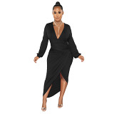 Plus Size Dress fashion solid color and V neck long sleeve dress pleated dress for women