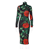 Plus Size Dress graceful and fashionable printed turtleneck long sleeve slim mid length sheath dress