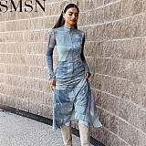 Plus Size Dress 2022 autumn fashion printed slim fit contrast colors mesh long dress