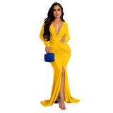 Plus Size Dre Amazon European and American fashion solid color and V neck long sleeve dress