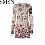 Plus Size Dress 2022 autumn and winter printed round neck long sleeve lace up dress