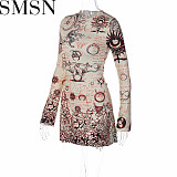 Plus Size Dress 2022 autumn and winter printed round neck long sleeve lace up dress