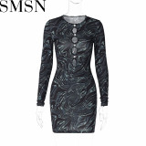 Plus Size Dress 2022 winter New Fashion printed sexy chest hollow long sleeve slim hip skirt