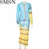 Plus Size Dress 2022 winter new fashion sexy mesh floral print sheer long sleeve dress
