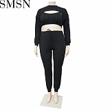 3 Piece Outfits sexy chest opening hollow fashion sexy solid color suit sunken stripe three piece set