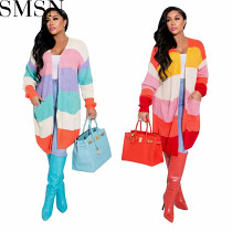 Amazon independent station multi color mosaic knitted long sleeved jacket in stock