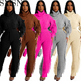 Set women European and American fashion casual solid color knitted long sleeve turtleneck tassel suit