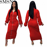 Plus Size Dress solid color double headed zipper turtleneck sleeve pleated dress long skirt