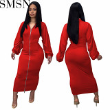 Plus Size Dress solid color double headed zipper turtleneck sleeve pleated dress long skirt