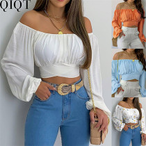 Amazon independent station hot sale Women off shoulder cross tied long sleeves tops