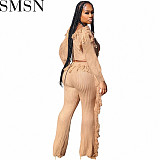 2 piece outfit European and American casual solid color knitted long sleeve tassel suit