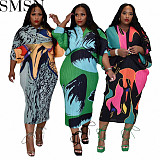 Plus Size Dress 2022 autumn hot selling product V neck batwing sleeve printed dress