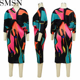 Plus Size Dress 2022 autumn hot selling product V neck batwing sleeve printed dress