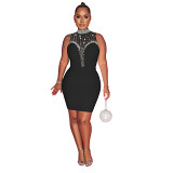 Plus Size Dress fashion women wear solid color rhinestone mesh see through sleeveless dress