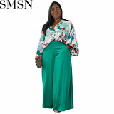 2 piece outfits loose large size casual printed shirt top wide leg pants two piece set