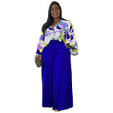 2 piece outfits loose large size casual printed shirt top wide leg pants two piece set