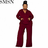 2 piece set women autumn and winter new solid color casual high waist wide leg pants two piece suit