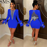 Plus Size Dress solid color and V neck mesh see through long sleeve dress for women