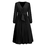 Plus Size Dress 2022 new long sleeve slim fit pleated belt V neck dress A line dress