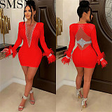 Plus Size Dress solid color and V neck mesh see through long sleeve dress for women