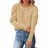 2022 autumn and winter cross border solid color jacquard round neck gigot sleeve knitted sweater top