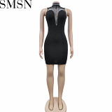 Plus Size Dress fashion women wear solid color rhinestone mesh see through sleeveless dress