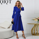 Plus Size Dress 2022 new long sleeve slim fit pleated belt V neck dress A line dress