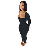 2 Piece Set Women autumn and winter fashion casual solid color rib fabric two piece set