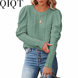 2022 autumn and winter cross border solid color jacquard round neck gigot sleeve knitted sweater top