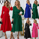 Plus Size Dress 2022 new long sleeve slim fit pleated belt V neck dress A line dress