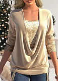 2022 Amazon new sequin contrast solid color long sleeve women's large drop collar loose pleating top